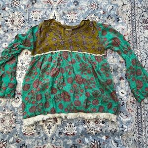 NATURAL LIFE Green and Olive Floral Long Sleeve Boho Top